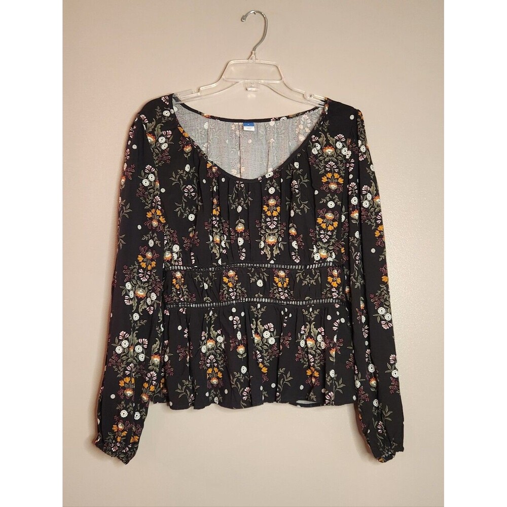 Old Navy Black Floral Long-Sleeve Peasant Top Size Medium